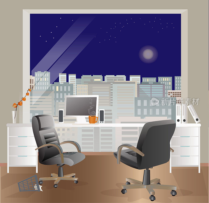 Office workplace interior design. Business objects, elements & equipment. Night sky.
